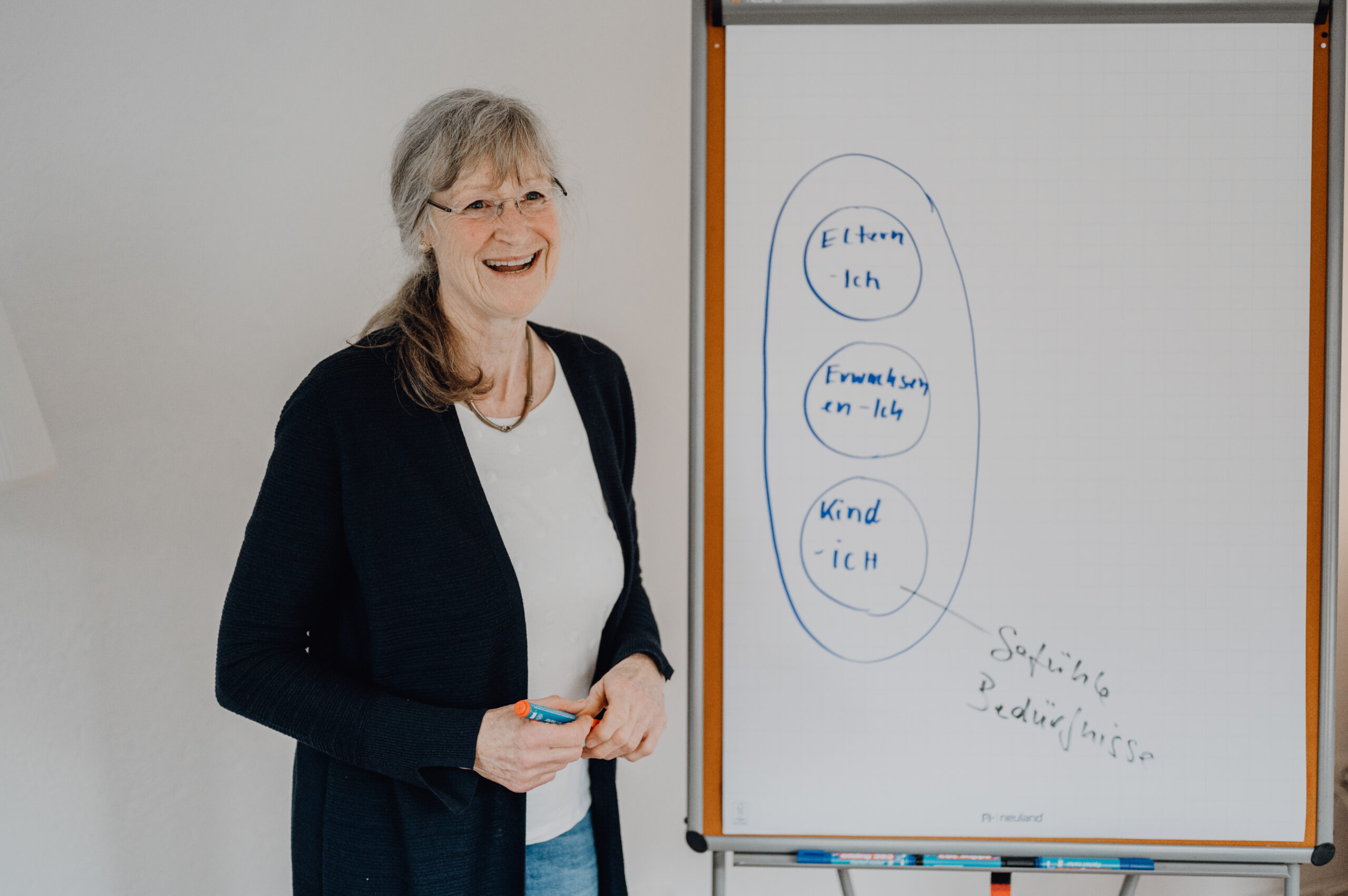 Trainerin steht lächelnd am Flipchart und leitet ein praxisnahes Training.